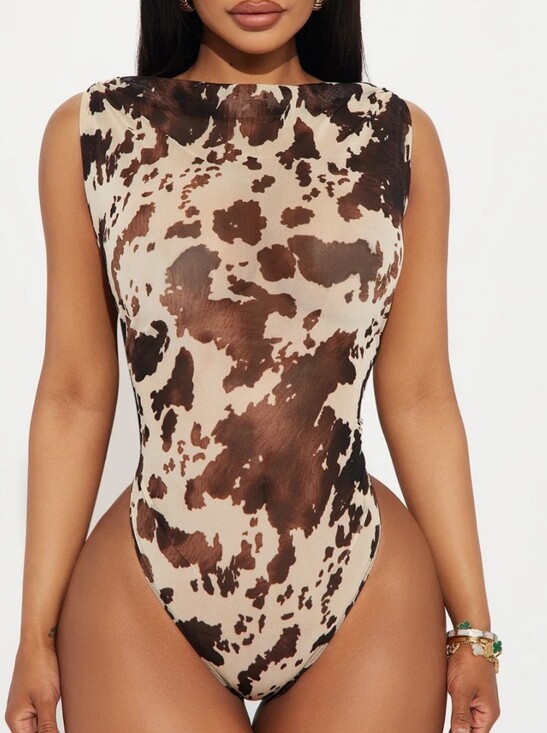 Fashion Nova Tops - Fashion Nova Brown and Cream Cow Print One-Piece Bodysuit